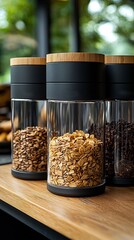 Modern Tabletop Scene With Organized Clear Cylindrical Bottles Labeled for Daily Use and Clean Visual Appeal