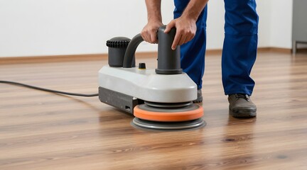 Worker refinishing hardwood floors with a floor buffer in a residential setting