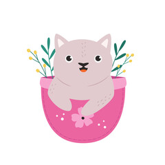 Cute Cartoon Cat Character Sitting in a Pocket with Flowers. Adorable Kids Vector Illustration