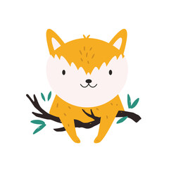 Cute Cartoon Fox Character Sitting on a Tree Branch. Cartoon Woodland Animal Vector Illustration for Kids.