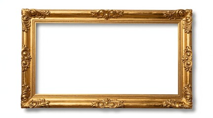 Ornate gold picture frame with floral decoration lies on white background with shadow