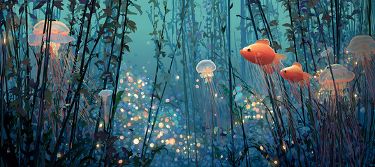 Serene underwater scene with jellyfish and orange fish swimming in a mystical ocean environment surrounded by aquatic plants