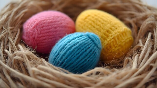 Colorful Easter eggs made of knitted wool yarn