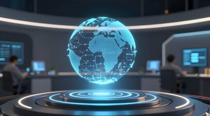 Digital earth hologram hovers over futuristic platform in control room
