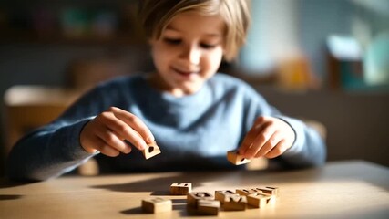 Youngster playing with wooden alphabet letters faceless child defocused background literacy learning scene educational toy interaction language development moment with copy