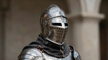 Close up of a medieval knight armor with chainmail and helmet