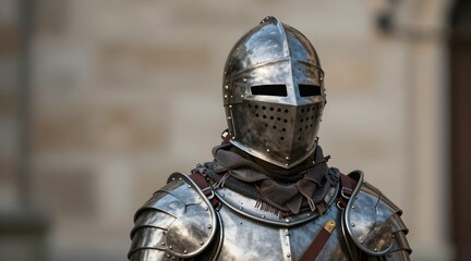 Medieval knight stands in shiny armor with visor closed to protect his face