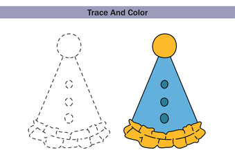 Educational worksheet with a birthday hat to trace and colour color. Dashed outline for tracing and a fully coloured birthday hat  for kids fine motor skills practice and early learning activities.