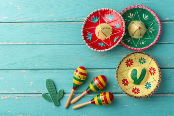 Colorful Mexican Sombreros Maracas and Cactus on Blue Wooden Background.