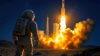 Mission launch witnessed by explorer in spacesuit. Rocket lifting off from desert base at night with bright exhaust flames