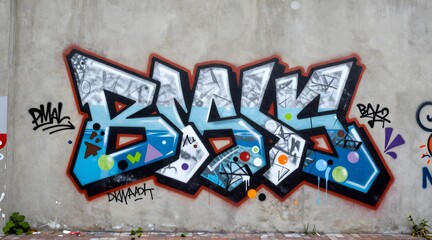 Obraz premium Street art piece on concrete wall shows abstract forms in blue, white, and black