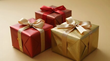 Obraz premium Three wrapped gifts with bows sit on a gold surface casting shadows