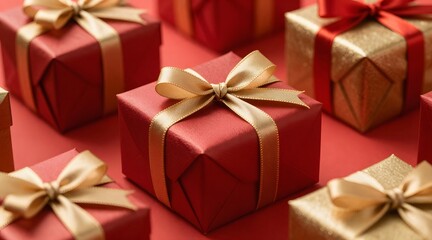 Obraz premium Festive scene of red and gold christmas gifts wrapped with ribbons