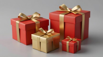 Fototapeta premium Arrangement of red and gold gift boxes with ribbons for holiday celebration