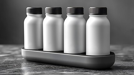 Sleek Reusable Bottles In a Modern Container Holder With Minimalist Background and Bright Soft Lighting