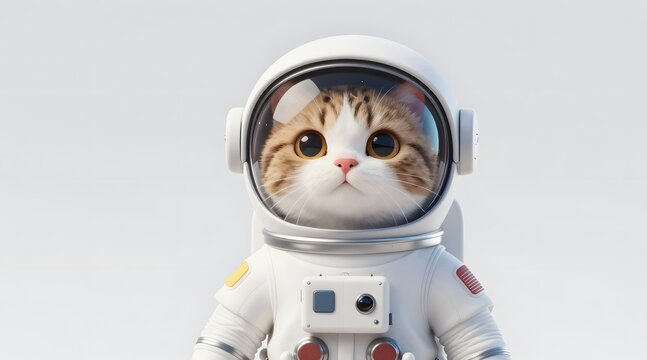 Adorable calico cat dons a white astronaut suit with clear helmet against white background - Powered by Adobe
