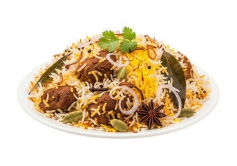 beef biryani plate with fried onions and aromatic spices