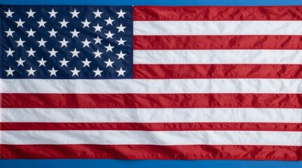 Obraz premium Full frame shot of united states flag on blue backdrop waving in studio light