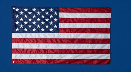 Fototapeta premium United states flag with stars and stripes lies against solid blue background