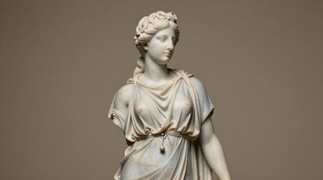 Marble sculpture of diana wearing a chiton stands against a plain backdrop