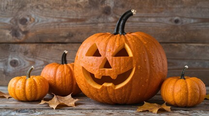 Jack o'lantern surrounded by mini pumpkins and autumn leaves on rustic wooden surface