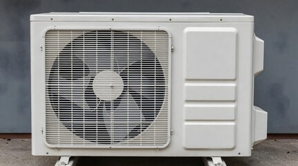 Air conditioning condenser unit stands against a gray wall outdoors, providing climate control