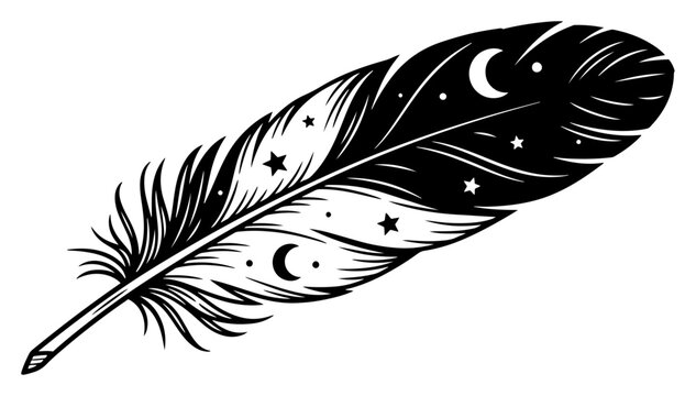 Decorative bird feather with moon and stars celestial tattoo design