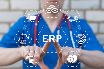 Doctor using virtual touch screen presses the text ERP. Centralized system for Enterprise Resource Planning (ERP) improving integration, data flow, medical efficiency health care concept.
