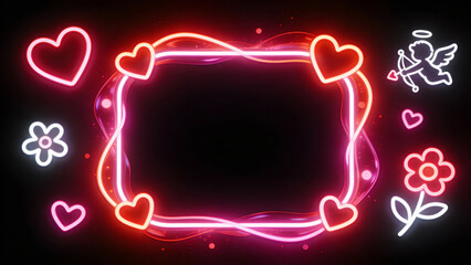 Vibrant neon frame with glowing hearts, surrounded by cupid, flowers, and floating hearts on a dark background, perfect for Valentine's romance