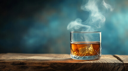 A glass of steaming whiskey on the rocks sits on a rustic wooden table against a dark blue background with soft lighting and smoke rising with relaxation and calmness and leisure with lifestyle