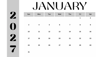 January calendar 2027 over clear background, month calendar