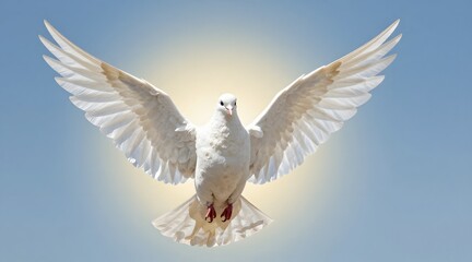 Obraz premium White dove spreads its wings against a soft blue background with a bright glow behind it