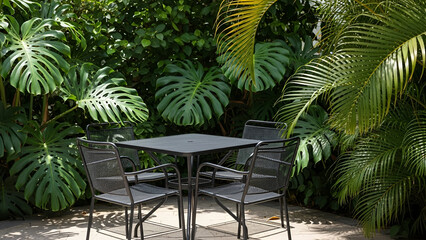 Fototapeta premium Outdoor Dining Surrounded by Lush Tropical Foliage with Table and Chairs