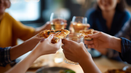 Faceless group friends hands enjoying pizza great food social gathering meal sharing moment casual dining celebration friendship activity display defocused table background