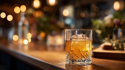 Beverage in glass corn whiskey dark bar counter selective focus celebration drink service moment establishment atmosphere display defocused venue background with copy space
