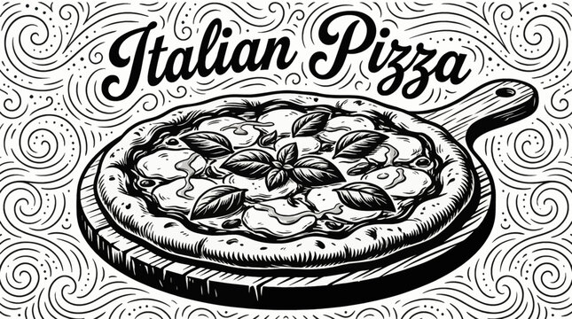 Italian pizza with cheese, basil, and olive oil Black and white vector illustration, presented in clean line art style for menus and food branding
