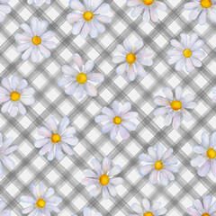 Watercolor daisy chamomile flowers. Beautiful floral seamless pattern