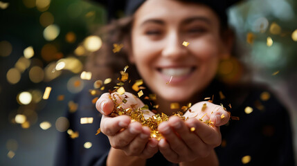 Faceless joyful graduation celebration happy person gold confetti academic achievement moment educational milestone display success festivity activity defocused background