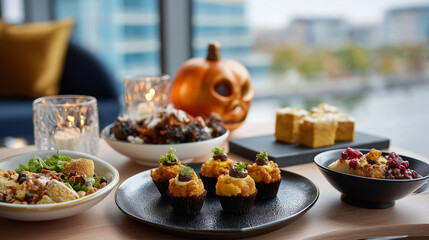 Spooky holiday rooftop brunch setting seasonal food display festive meal celebration themed gathering moment creative cuisine activity defocused urban background with copy