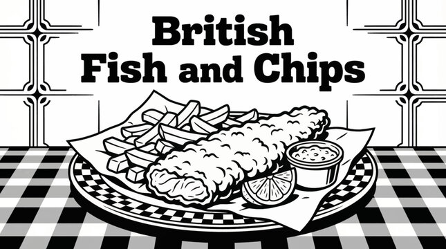British fish and chips served with lemon and sauce Monochrome vector illustration, representing iconic European street food culture