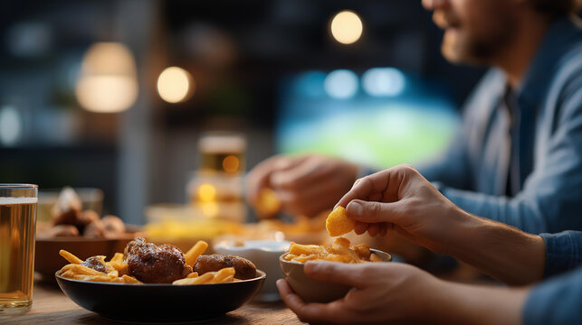 Faceless friends hands watching football game eating snacks together home sports viewing celebration gathering moment entertainment social activity defocused living - Powered by Adobe