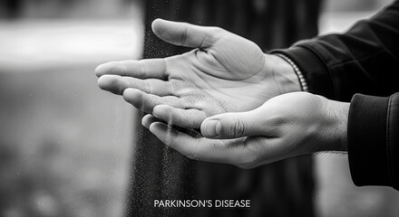 Human hands cupped, gently letting sand particles slip through fingers in a symbolic depiction of Parkinson's disease, representing time's relentless passage and declining motor control.