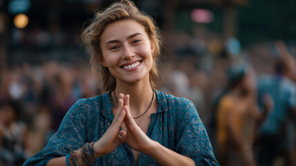 Faceless happy smiling person hands dancing summer music festival entertainment celebration moment live event experience joyful gathering activity defocused crowd background