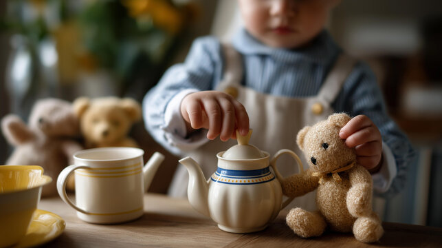 Faceless cute little child hands playing teddy bears tea party sitting table teapot cup childhood happiness imaginary friend defocused home background with copy space