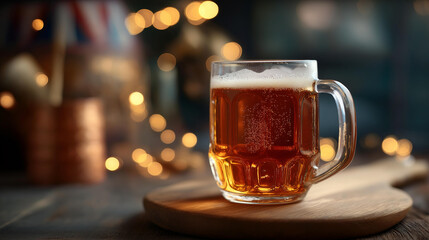 Beer mug filled amber ale rustic wooden board vintage flag background patriotic pub themes celebration beverage display defocused decoration setting with copy space