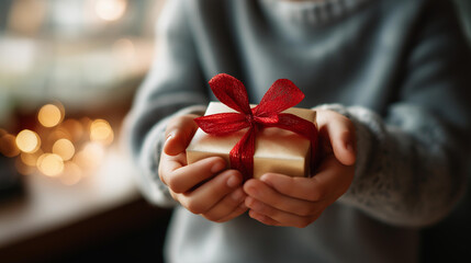 Faceless little child hands holding gift box red ribbon giving gifts holiday event celebration moment festive present exchange defocused party background with copy space