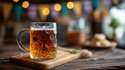 Beer mug filled amber ale rustic wooden board vintage flag background patriotic pub themes celebration beverage display defocused decoration setting with copy space