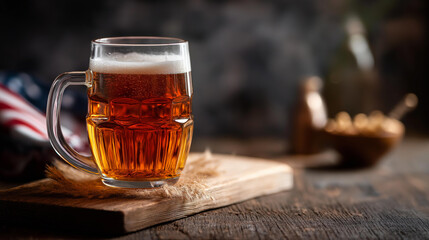 Beer mug filled amber ale rustic wooden board vintage flag background patriotic pub themes celebration beverage display defocused decoration setting with copy space