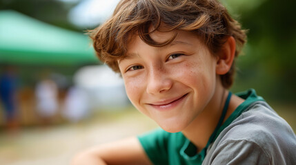 Faceless smiling young person portrait joyful expression display happy moment visualization positive emotion scene cheerful representation activity defocused background with