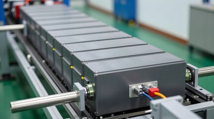 Gray modules line assembly in a factory are shown in a full shot